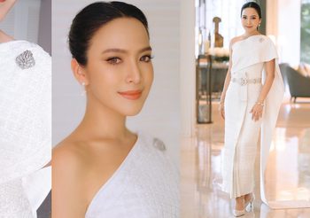สง่างาม มะปราง วิราการต์ ในลุคชุดไทยจักรีโทนสีขาวดอกแก้วผ้าไหมลำพูนทอมือ ราคาเฉียดครึ่งล้าน