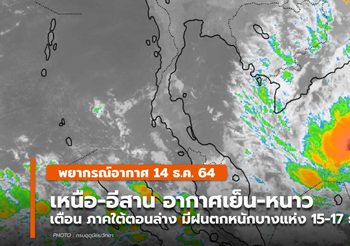 พยากรณ์อากาศ – 14 ธ.ค. ประกาศเตือนฝนตกหนักบริเวณภาคใต้ตอนล่าง