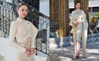 แพทริเซีย กู๊ด ลุคชุดไทยศิวาลัยสุดหรู สีขาวงาช้าง-ชมพู มูลค่าเฉียดล้าน