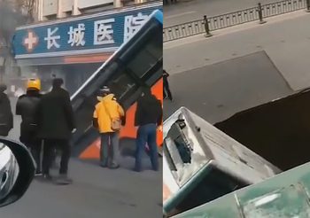 ที่จีนเกิดเหตุรถบัสตกหลุมยุบกลางถนน ดับ 9 เจ็บ 17