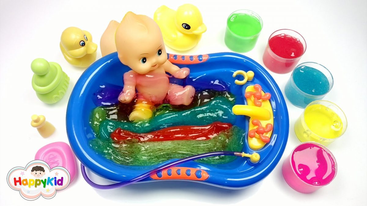 สไลม์อาบน้ำตุ๊กตา | เล่นสไลม์ | อ่างอาบน้ำของเล่น | Baby Doll Bath Time With Slime