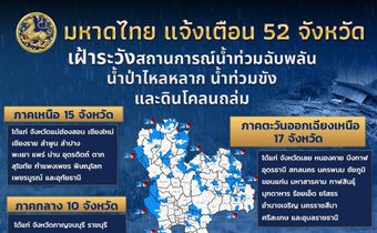 ปภ. มหาดไทย แจ้ง 52 จังหวัด เฝ้าระวังน้ำท่วมฉับพลัน น้ำป่าไหลหลาก ดินโคลนถล่ม และน้ำท่วมขัง ช่วง 23 – 27 พ.ค. 68
