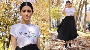 ใหม่ ดาวิกา ในลุคน้อยแต่มาก เสื้อยืดขาว+กระโปรงดำ สู่ ปารีสแฟชั่นวีค 2017