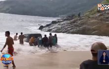 อันตราย ! จอดรถลืมดึงเบรคมือรถไหลลงทะเล