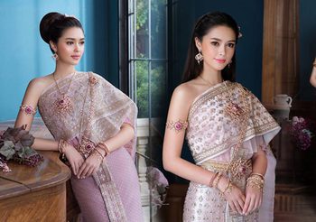 แพทริเซีย กู๊ด สวยหวาน ในชุดแต่งงานแบบไทย ด้วยผ้าไหมลำพูนสีกลีบบัวอ่อน