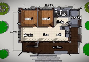 แบบบ้านไม้ ยกใต้ถุนสูง 3 เมตรมีพื้นที่ใช้สอย 104 ตร.ม.