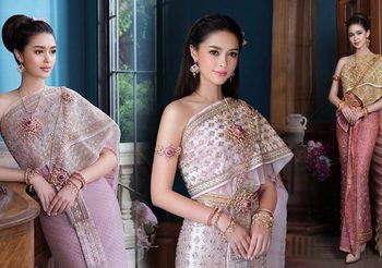 แพทริเซีย กู๊ด สวยหวาน ในชุดแต่งงานแบบไทย ด้วยผ้าไหมลำพูนสีกลีบบัวอ่อน