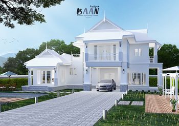 แบบบ้านสองชั้น โทนสีขาวเรียบง่ายทันสมัยผสมความเป็นไทยได้อย่างลงตัว