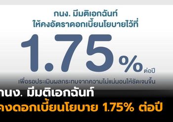 กนง. มีมติเอกฉันท์ คงดอกเบี้ยนโยบาย 1.75% ต่อปี