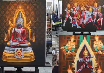 อาจารย์เฉลิมชัย ให้กำลังใจนักศึกษาวาดพระพุทธรูปอุลตร้าแมน