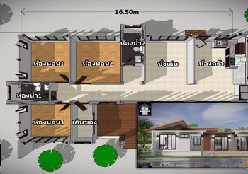 แบบบ้านชั้นเดียวแนวโมเดิร์น พื้นที่ใช้สอย 137 ตร.ม. งบ 1.5 ล้านบ.