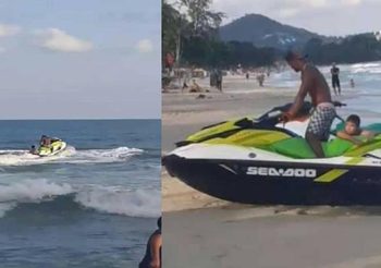 คลิปชีวิต! นาทีหนุ่มขับเจ็ตสกีฝ่าคลื่นช่วยเหลือเด็กจมน้ำทะเล ที่หาดเฉวง