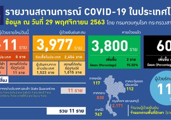 รายงาน โควิด-19 ในไทย วันที่ 29 พ.ย. 63