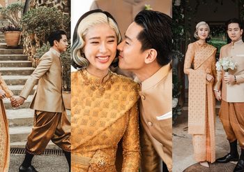 ประมวลภาพพิธีหมั้น โทนี่-แก้ว บ่าวสาวสุดแนวแห่งยุค ในลุคชุดไทยโทนสีทอง