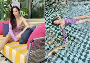 อั้ม-พัชราภา อวดหุ่นสวยในชุดว่ายน้ำวันพีชเกาะอก สไตล์วินเทจสีลาเวนเดอร์