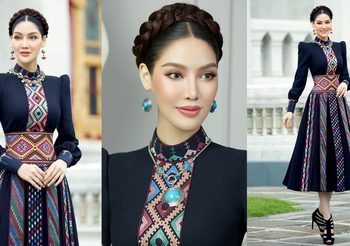 พรฟ้า-ปุณิกา กับชุดเดรสผ้าทอไทลื้อสุดปัง ลุคออกกองประกวด MUT วันแรก