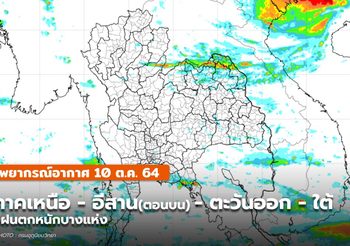 พยากรณ์อากาศ – 10 ต.ค. เหนือ, อีสานตอนบน, ตะวันออก, ใต้ มีฝนตกหนักบางแห่ง