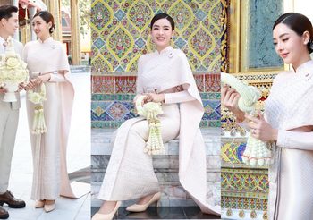 ปุยฝ้าย เอเอฟ ในลุคชุดไทยศิวาลัยสีชมพูโอรส มงคลชีวิตคู่ ขอประทานพร-น้ำพระพุทธมนต์