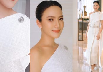 สง่างาม มะปราง วิราการต์ ในลุคชุดไทยจักรีโทนสีขาวดอกแก้วผ้าไหมลำพูนทอมือ ราคาเฉียดครึ่งล้าน