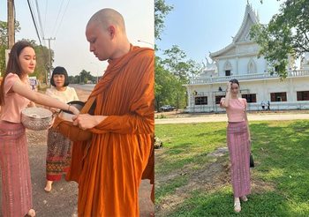 เดียร์น่า ฟลีโป สวยหวาน สวมผ้าไทยใส่บาตรพระน้องชาย อบอุ่น