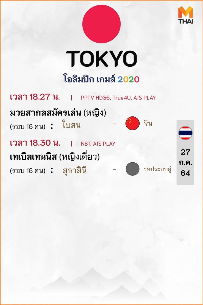 27 ก.ค. 64 โปรแกรมถ่ายทอดสดโอลิมปิกเกมส์ โตเกียว 2020 วันนี้