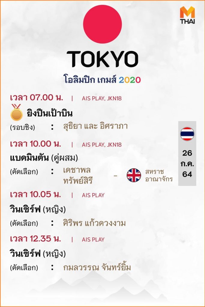 26 ก.ค. 64 โปรแกรมถ่ายทอดสดโอลิมปิกเกมส์ โตเกียว 2020
