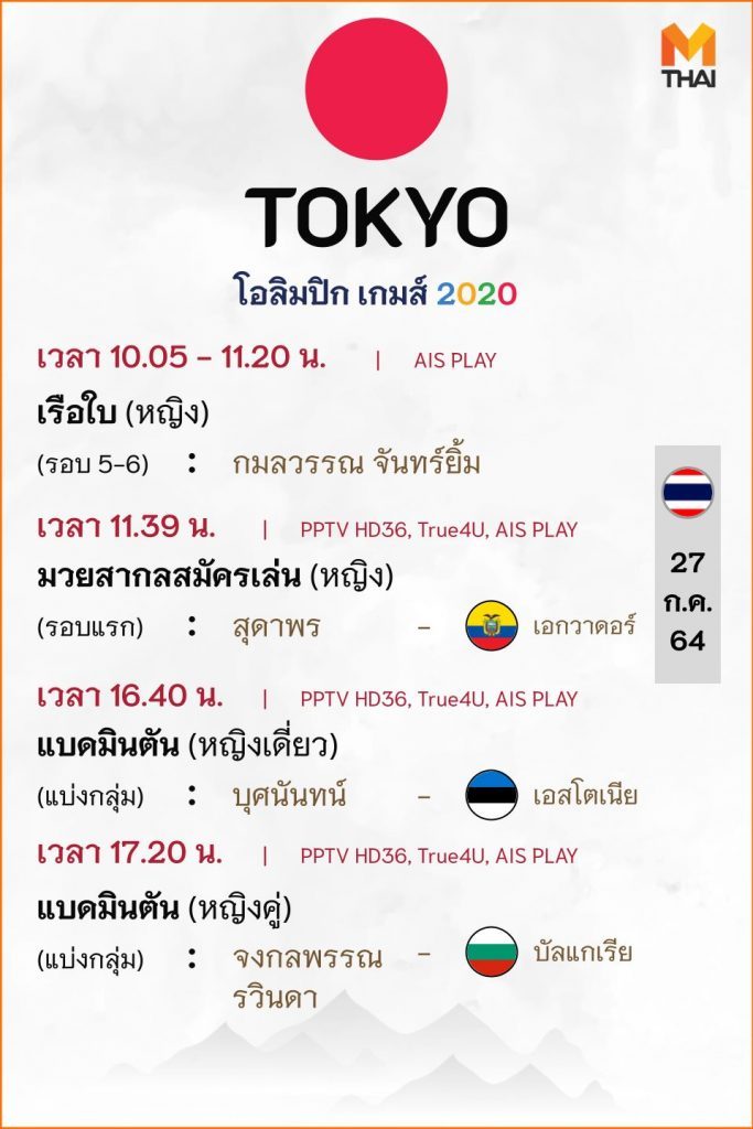 27 ก.ค. 64 โปรแกรมถ่ายทอดสดโอลิมปิกเกมส์ โตเกียว 2020 วันนี้