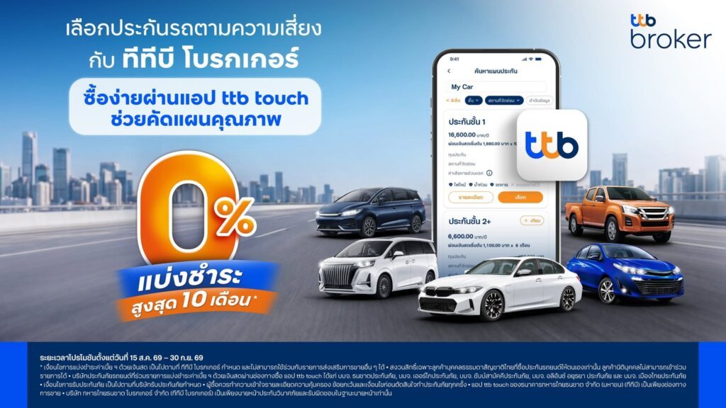 ทีทีบี โบรกเกอร์ ชวนคนมีรถเปลี่ยนมุมคิด ซื้อประกันรถตามความเสี่ยงแนะซื้อผ่านแอป ttb touch